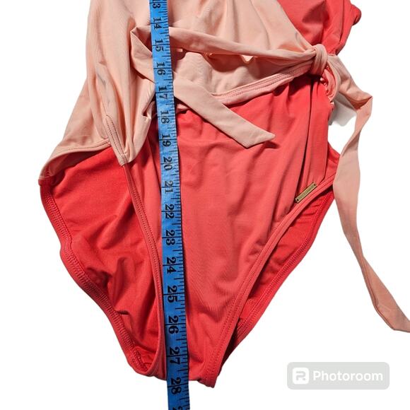 Vince Camuto Surplice Wrap Tie One Piece Swimsuit Women's 14 Coral Colorblock - Picture 13 of 13